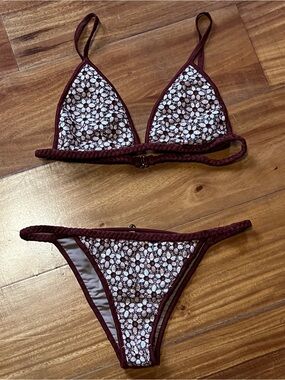 For Love And Lemons Maroon and White Floral Lace Bikini